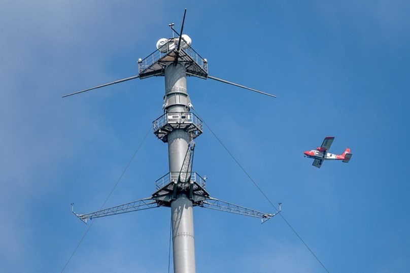 The aircraft carrying a downward-looking hyperspectral imager passing the CINDI-3 site in Cabauw, while performing an upward spiral. Picture credit: Arnoud Apituley